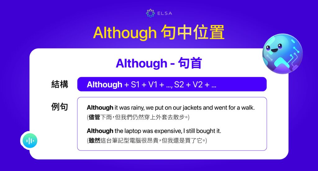 although 用法在句首