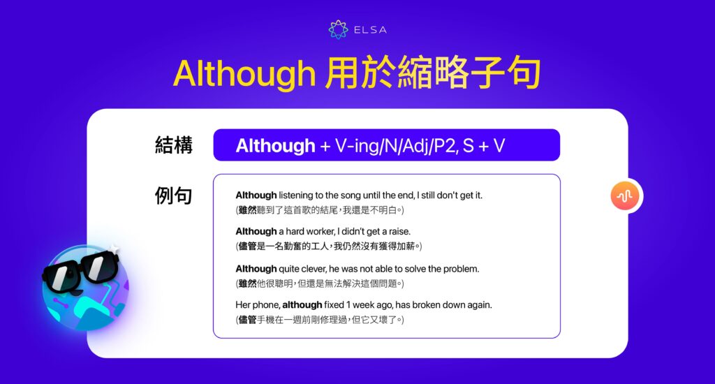 although 在省略句中的結構